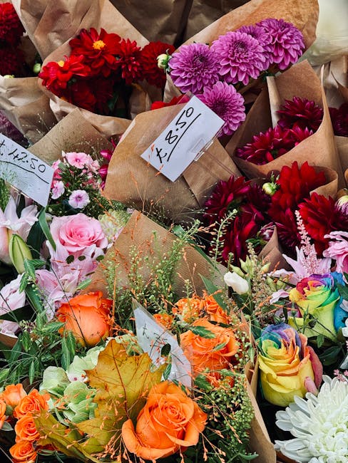 A vibrant display of freshly cut flowers arranged in small brown paper bouquets, including bright red dahlias, purple chrysanthemums, soft pink roses, orange roses, and multicoloured rainbow roses. Th