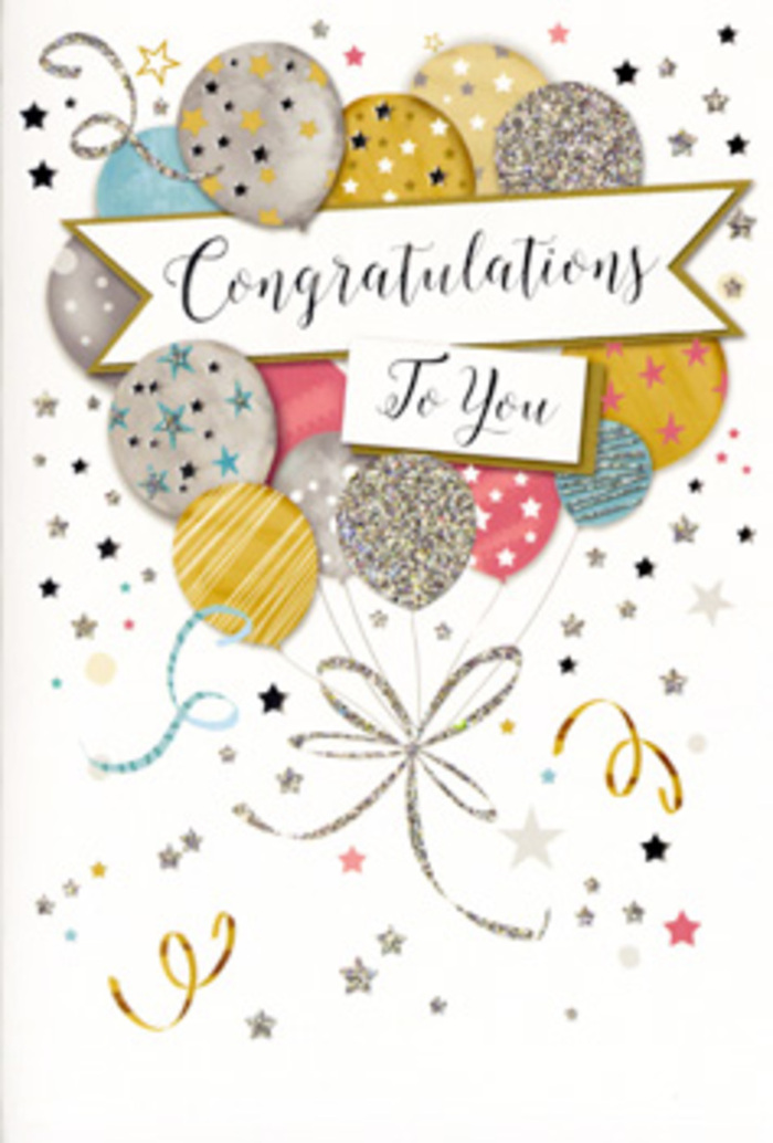 The card in this image offers a sophisticated vision of celebration, like the gentle build-up of excitement before guests arrive at a party in a pretty Oxted garden. At its heart is a carefully layered cluster of balloons in harmonious shades of muted gold, polished silver, soft champagne, powdery sky blue, rose pink, and cool grey. Each balloon is perfectly rounded and slightly translucent in appearance, their surfaces finished with intricate metallic decorations-glittering stars, delicate linear patterns, and fine speckles that catch the light as though illuminated by soft afternoon sun. These balloons converge at the bottom into a graceful knot of metallic strings, drawn with sweeping gold and silver lines that twist together like the elegant tails of curling ribbon on a luxury bouquet. Around the central cluster, tiny stars, twirling streamers, and flecks of confetti seem to drift weightlessly, echoing the spontaneous joy of a surprise celebration after a stroll through Master Park. A curved banner unfurls across the middle of the design, edged with a hint of shimmer and carrying the message Congratulations To You in classical calligraphy, its flowing strokes adding a note of refinement and care. The backdrop is pale and understated, perhaps a soft ivory or warm white, providing a calm canvas that allows the metallic accents to gleam without distraction. As a local florist used to pairing elegant cards with fresh blooms for graduations, promotions, and new ventures around Oxted and Limpsfield, the feeling here is both personal and polished-a card that mirrors the thoughtful artistry of a hand-crafted arrangement and quietly conveys deep pride in someone's achievements.