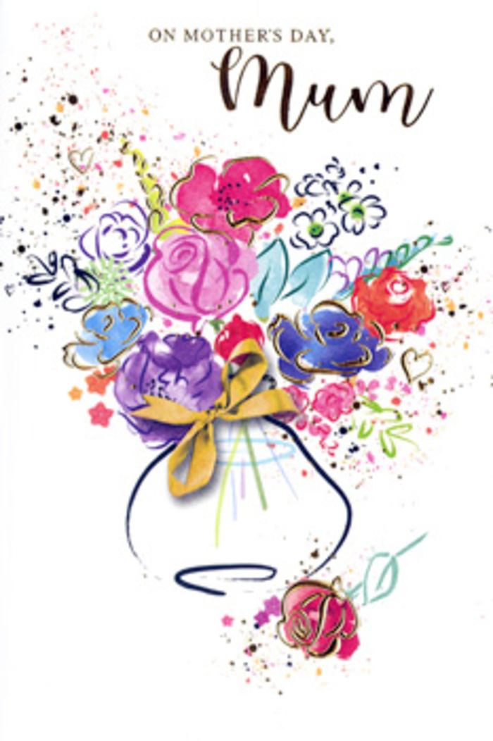 The illustration on this Mother's Day card presents an exuberant bouquet that seems to have been painted in one joyful, unbroken breath, as if a florist in Oxted had translated an armful of fresh blooms directly into watercolour. Broad, fluid strokes shape blossoms of hot pink, cerise, and deep rose, interwoven with cooler notes of indigo, violet, and leafy chartreuse green. Each petal is suggested rather than rigidly drawn, but delicate outlines in darker blue lend a sense of structure, preventing the colours from dissolving entirely into one another. Fine accents of metallic gold trace the contours of petals and leaves, catching small highlights that feel like glimmers of gratitude - the invisible glow of a mother's embrace made visible. The bouquet spills outward from a whimsical vase, its body softly rounded and finished with a neat golden bow that calls to mind the careful finishing touches given to a hand-tied arrangement destined for a doorstep near Oxted Station or along East Hill. Around the main cluster of flowers, tiny hearts and playful splashes of colour gather, echoing the emotional layers of Mother's Day: joy, nostalgia, and quiet appreciation. The background is left bright and open, amplifying the feeling that the bouquet is floating in space, unconstrained and full of life. This composition, reminiscent of a florist's painterly sketchbook page, feels both artistic and intimate. It becomes less a simple greeting card and more a keepsake - a bouquet that will never wilt, celebrating the many different shades of love shared between mothers and their families across the Oxted community.