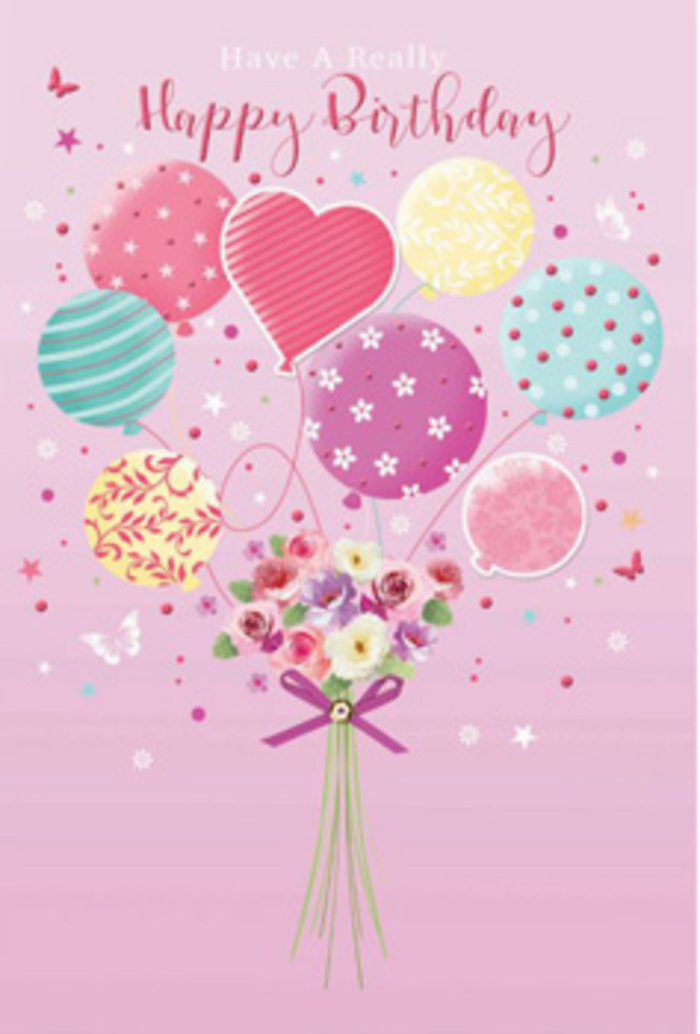 Heartfelt birthday card artwork depicting a floating bouquet of balloons and flowers, arranged with the same care you'd expect from a favourite Oxted florist. The scene unfolds on a soft pink backdrop that gives everything a warm, flattering glow, like morning light over the Surrey hills. A cluster of balloons rises gracefully from the centre, painted in pastel tones of powder pink, sea green, lavender, and pale yellow. Each balloon carries a different pattern - some are wrapped in spiral ribbons, others sprinkled with lively polka dots or delicate floral motifs - so that together they form a joyful, uplifting canopy. Anchoring this floating celebration is a hand-tied bouquet at the base, as if the flowers themselves are weightless. The bouquet features petite roses and daisy-like blossoms in creamy ivory, blush, and gentle mauve, their petals softly layered and velvety, catching highlights that suggest freshness and subtle fragrance. A rich purple bow gathers the stems, its sparkling finish adding a touch of birthday glamour. Tiny butterflies and star-like accents dance through the air around the arrangement, evoking a sense of whimsy and enchantment, like spotting butterflies along Godstone Road in early summer. The overall feeling is of gentle jubilation and heartfelt thoughtfulness, transforming this illustrated birthday design into a tender gesture that could have been chosen straight from a small, trusted Oxted flower shop for someone dearly loved.
