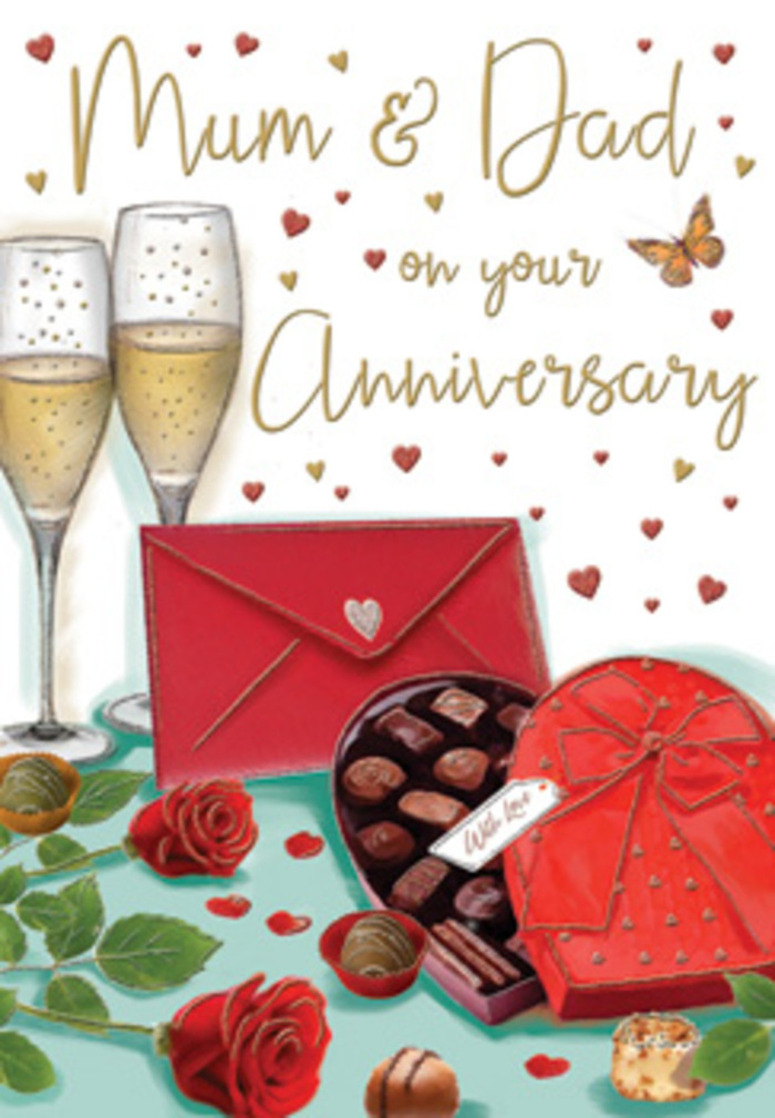 The illustrated anniversary card captures a moment of quiet celebration, like a cherished evening in an Oxted home when the world slows down just for Mum & Dad. In the centre, two plush red roses rest gracefully on a tabletop, their petals layered in deep, velvety folds that suggest they were selected with the same care a local florist from Flower Delivery Oxted would use when preparing a special anniversary bouquet. Their rich crimson hue is anchored by glossy green foliage, each leaf defined by gentle highlights that add depth and freshness. Slightly in front sits an open heart-shaped chocolate box, its curved edges outlined in soft shadow. Inside, perfectly arranged chocolates nestle in a warm-toned interior, with a lavish red bow looping over the lid, its satin ribbons catching small flickers of light like ripples of affection. Behind this tempting display, two tall champagne flutes rise side by side, filled with pale gold fizz, the bubbles suspended mid-rise as if pausing for a heartfelt toast after a stroll through Broadway or a family gathering near Master Park. Scattered across the background are tiny golden and crimson hearts, drifting around handwritten words dedicated to parents, giving the card a mixture of elegance and playful charm. A bright scarlet envelope lies nearby, angled as though just placed on the table, hinting at an intimate message written in familiar handwriting. The overall tone of the composition is warm and cosy, evoking the gentle clink of glasses, the imagined fragrance of fresh roses, the taste of shared chocolates, and the reassurance that long-term love, rooted in everyday moments, is something beautiful to celebrate.