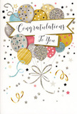 This joyful congratulations card looks like a bouquet of balloons ready to float above the rooftops of Oxted on a clear, celebratory day. At first glance, your eye is drawn to the central cluster of balloons, each one a rounded jewel of soft colour: luminous gold, cool silver, champagne cream, airy sky blue, gentle blush pink, and misty grey. Every balloon carries its own personality, adorned with star-speckled patterns, fine glittering stripes, or tiny metallic dots that sparkle as if they have been brushed with stardust. From their base, flowing gold and silver ribbons cascade downwards in sweeping loops, echoing the elegant curls of ribbon we use to finish a special bouquet before it leaves the shop. Around the balloons, scattered stars, swirling confetti, and playful curlicue lines dance in all directions, giving the impression of music and laughter just out of sight, like a celebration spilling out from a home near Station Road or Gresham Road. Across the centre floats a refined banner, soft and gently curved, carrying the message Congratulations To You in stylish script that feels both warm and sincere. The background is pale and unobtrusive, allowing each metallic highlight and glittering detail to stand out with clarity, as though illuminated by soft indoor lighting on a party evening. The mood captured here is one of uncomplicated, uplifting joy-a card perfectly suited to accompany fresh flowers for exam success, a new job, or any proud life moment you'd like to celebrate across Oxted and the surrounding villages.