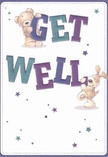 Brimming with warmth and playful optimism, this illustrated get well card features two adorable companions-a teddy bear and a puppy-who appear to bounce right from the page, joyfully holding and balancing vibrant 'Get Well' letters. The text, awash in hues of indigo and teal, stands out against a velvety cream background, creating a lively yet gentle energy reminiscent of a fresh bouquet delivered to a loved one near Oxted's Limpsfield High Street. Scattered stars twinkle in varying shades of blue and purple, echoing the hope and lightness that flow from every brushstroke. The bear's fluffy coat and the puppy's soft, expressive features are rendered with such care that you can almost sense their embrace-soothing, familiar, and inviting, just like the comfort found in a favourite corner of Oxted or a hand-tied get well bouquet. This card is more than a message; it's an emotional salve, extending kindness and genuine encouragement-an artful companion for anyone on the path to recovery in our close-knit local community.