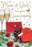 Illustrated in rich, romantic tones, this anniversary card feels like a heartfelt tribute to lifelong love in an Oxted household. At the heart of the design, two full red roses stretch across the foreground, their velvety petals shaded with subtle highlights that make each bloom look almost touchable, as though freshly arranged by a local florist after a delivery run near Hurst Green. Deep green leaves cradle the flowers, their smooth surfaces adding a cool contrast to the warmth of the crimson. Nestled closely beside them is a heart-shaped box of chocolates, the lid tipped open to reveal carefully placed truffles, each piece a tiny sphere or square of indulgence in soft browns and caramels. A luxuriant red satin bow curls over the box, its loops and trailing ends giving a sense of movement and celebratory flair. Behind this inviting display, two elegant champagne flutes stand together, filled with sparkling golden liquid, bubbles rising in fine streams that suggest an imminent toast between Mum & Dad. The background glows softly, scattered with golden and red hearts that drift around hand-lettered anniversary wishes, adding a whimsical, festive air. A vivid scarlet envelope lies at the edge of the arrangement, implying the presence of a handwritten note-perhaps words penned quietly after a walk across Limpsfield Chart or an evening spent reminiscing. Light glints gently from the glass and the edges of the chocolates, giving the whole scene a dreamy, candlelit quality. The card's imagery blends romance and comfort, evoking the aroma of roses, the sweetness of shared treats, and the steady, reassuring warmth of a love that has grown over many years together.